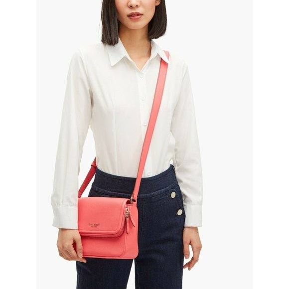 New Kate Spade Run Around Large Flap Crossbody Pebble Leather Peach Melba - Picture 4 of 5
